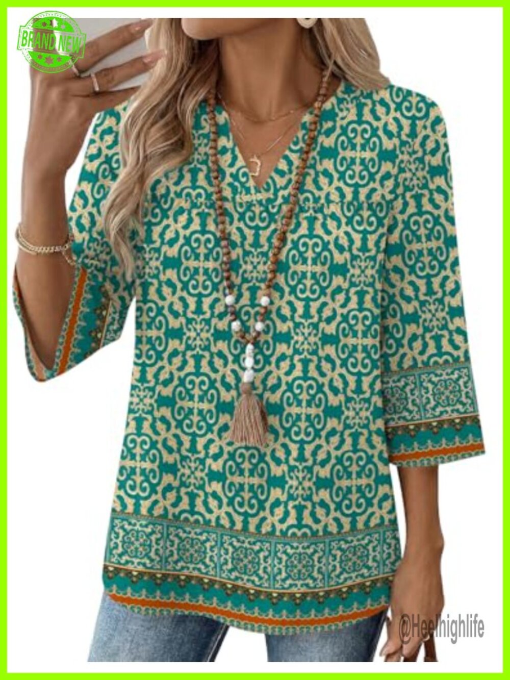 Womens 3/4 Sleeve V Neck Pleated Blouse Loose Fit Dressy Casual Top